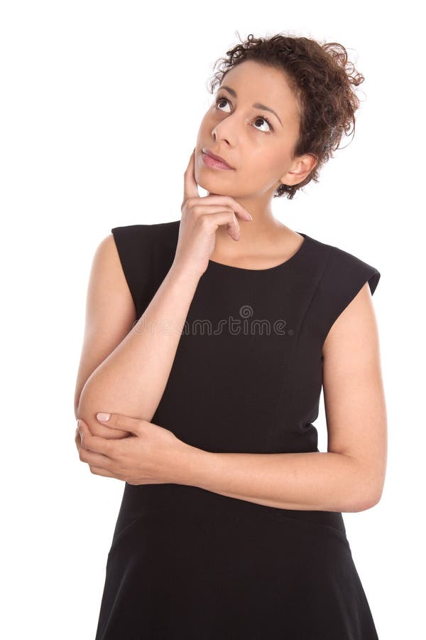 Isolated young pretty business woman thinking royalty free stock image Isolated young pretty business woman thinking royalty free stock image