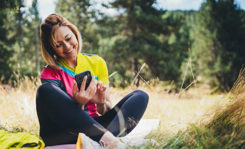 Isolation Girl Laughing Using Smartphone Technology after Training in ...