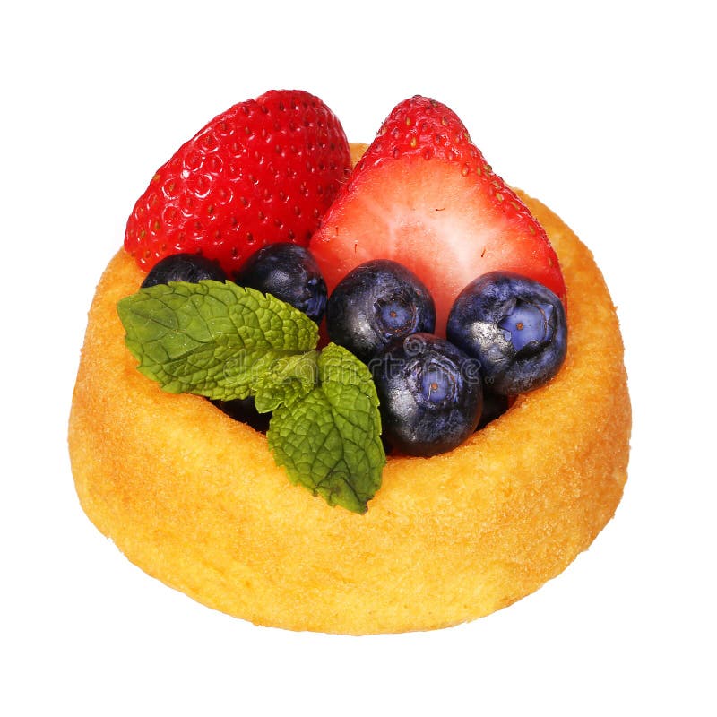 Isolato del bigné della frutta su bianco Pan di Spagna con il mirtillo fresco fotografia stock