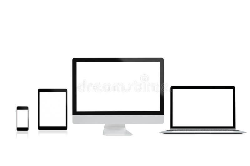 Isolato moderno del telefono cellulare e della compressa del computer portatile del computer su fondo bianco per il modello, rapp immagine stock