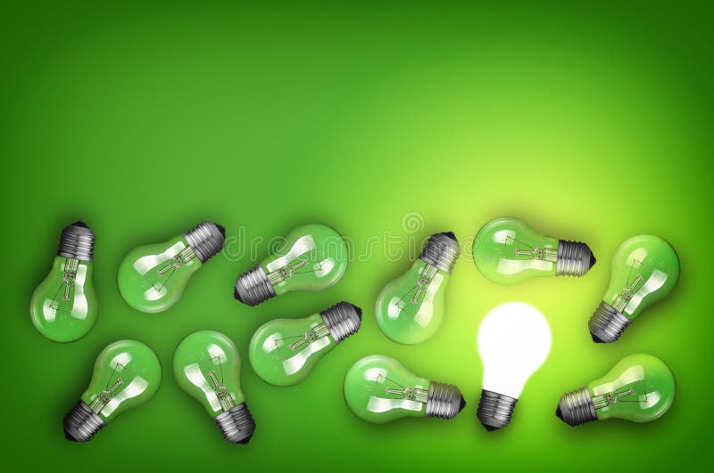 Idea concept with row of light bulbs and glowing bulb. Idea concept with row of light bulbs and glowing bulb