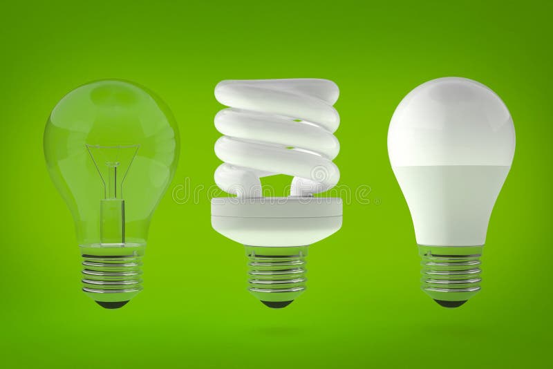 Light bulbs. Incandescent, fluorescent and LED. Green background. Light bulbs. Incandescent, fluorescent and LED. Green background.