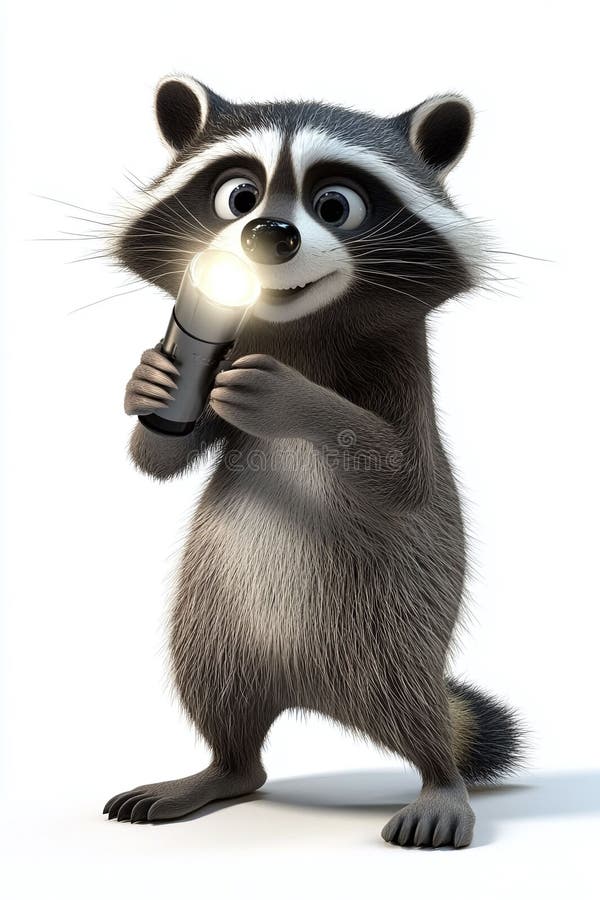 Isolato su uno sfondo bianco, un raccoon animato curioso che tiene una torcia e indaga illustrazione vettoriale