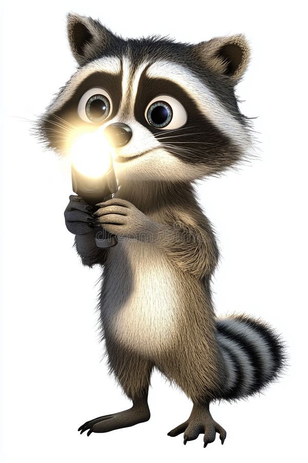 Isolato su uno sfondo bianco, un raccoon animato curioso che tiene una torcia e indaga illustrazione vettoriale
