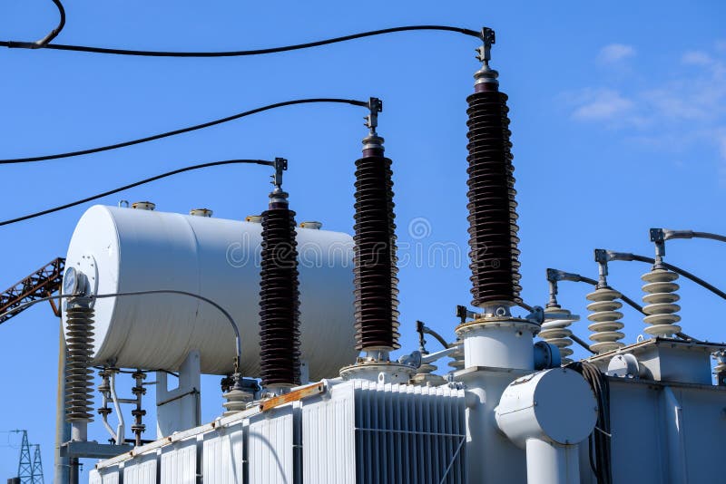 Isolators and transformers at the electrical substation.