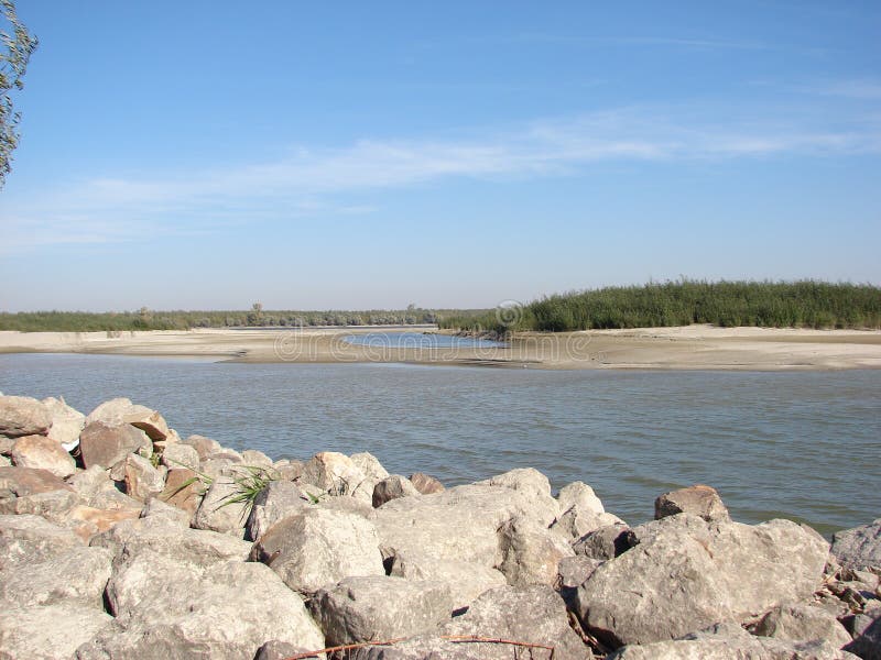 Isole della barriera e della sabbia della roccia con gli alberi di salice il Danubio immagine stock Isole della barriera e della sabbia della roccia con gli alberi di salice il Danubio immagine stock
