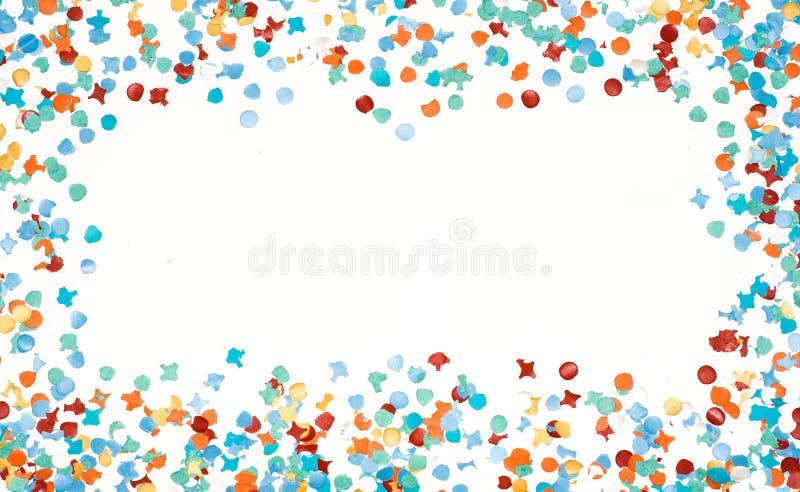 Feestframe met kleurrijke confetti geïsoleerd op wit stock afbeelding
