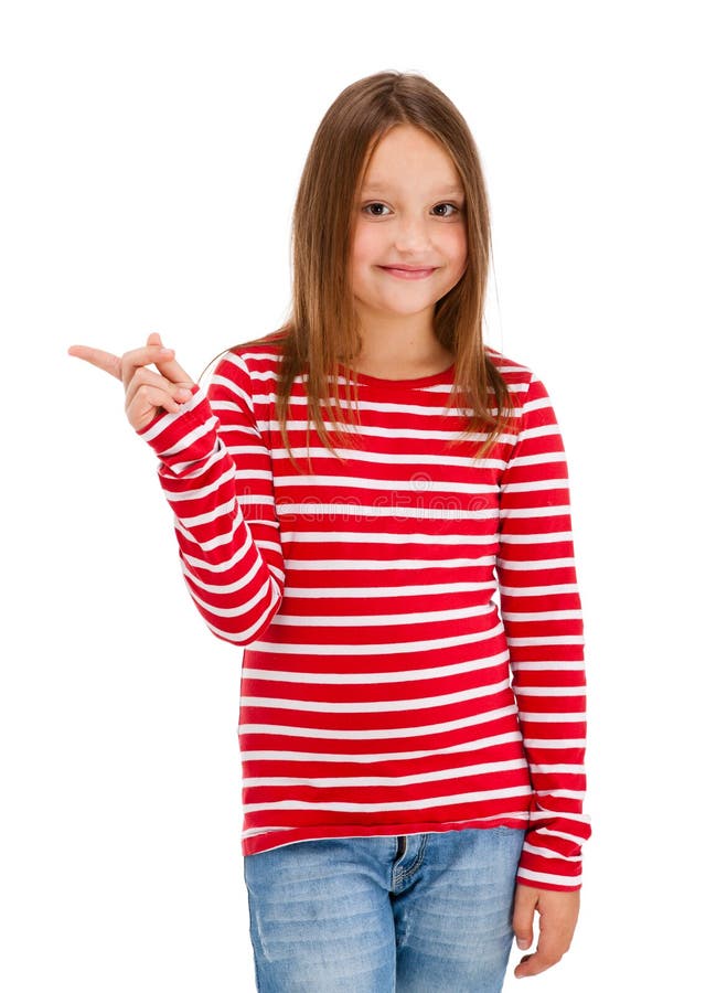 Flicka som pekar isolerad på vit bakgrund royaltyfria foton