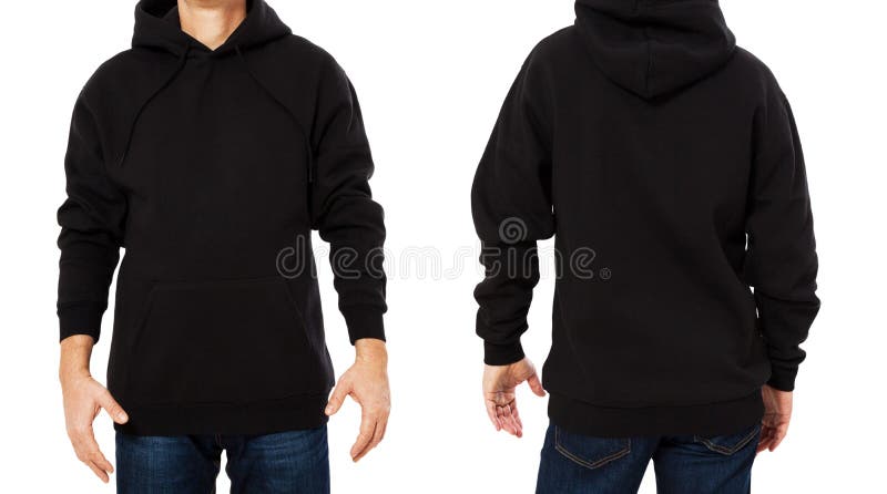 Isolerad fastställd mall för svart manlig tröja Mantröjor ställde in med modell- och kopieringsutrymme Hoody design Hoodieframdel