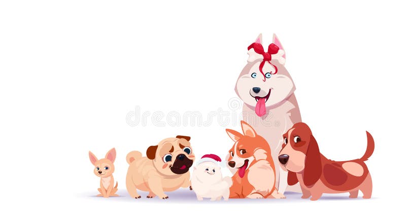 Isolerad grupp av gulligt sitta för hundkapplöpning på vit bakgrund som bär asiatiskt symbol för Santa Hat And Holding Decorated royaltyfri illustrationer Isolerad grupp av gulligt sitta för hundkapplöpning på vit bakgrund som bär asiatiskt symbol för Santa Hat And Holding Decorated royaltyfri illustrationer