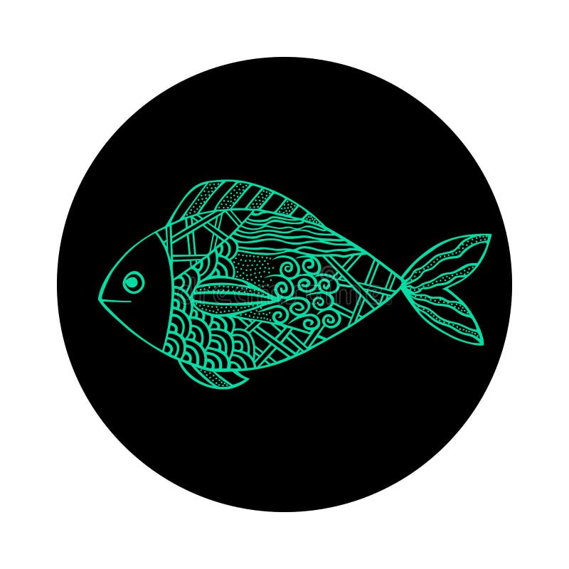 Isolerad hand dragen grön översiktsfisk på svartrundabakgrund Prydnad av kurvlinjer stock illustrationer Isolerad hand dragen grön översiktsfisk på svartrundabakgrund Prydnad av kurvlinjer stock illustrationer