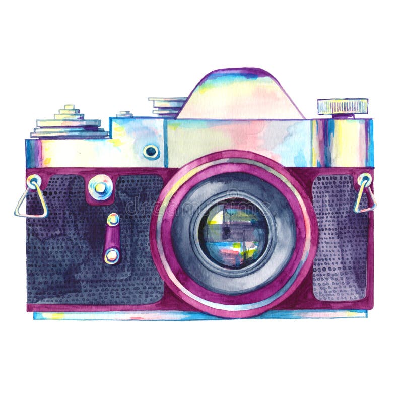 Isolerad kamera för vattenfärgtappningfoto stock illustrationer Isolerad kamera för vattenfärgtappningfoto stock illustrationer
