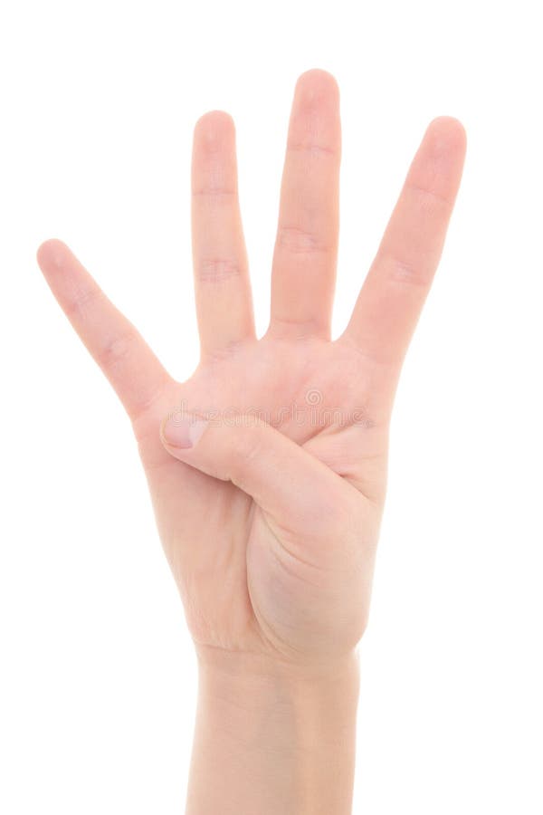 Isolerad kvinnlig hand som visar numret fyra arkivfoton Isolerad kvinnlig hand som visar numret fyra arkivfoton