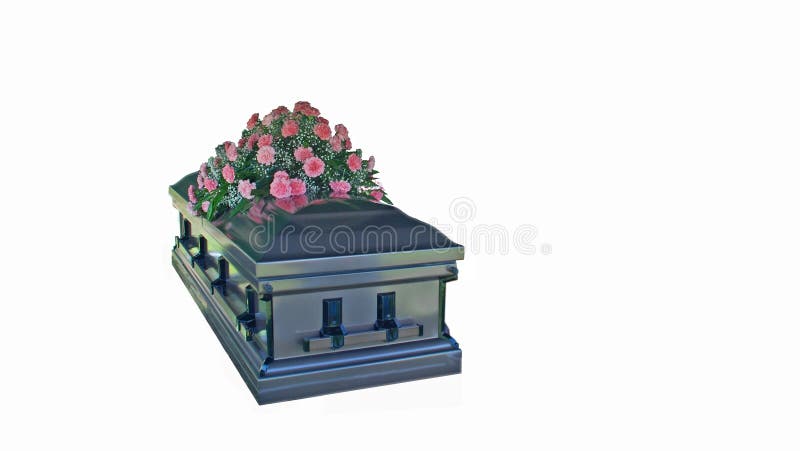 Isolerad metallCasket med rosa nejlikor arkivfoton Isolerad metallCasket med rosa nejlikor arkivfoton
