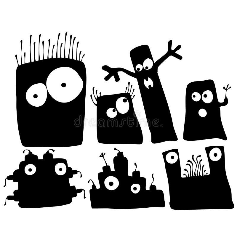 Isolerad svart uppsättning för klistermärke för konturmonster- och robottecknad film vektor illustrationer Isolerad svart uppsättning för klistermärke för konturmonster- och robottecknad film vektor illustrationer