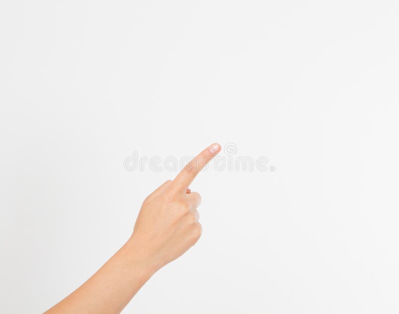 Isolerad vit bakgrund för finger punkt kvinnaflickahand Åtlöje upp kopiera avstånd mall _ fotografering för bildbyråer Isolerad vit bakgrund för finger punkt kvinnaflickahand Åtlöje upp kopiera avstånd mall _ fotografering för bildbyråer