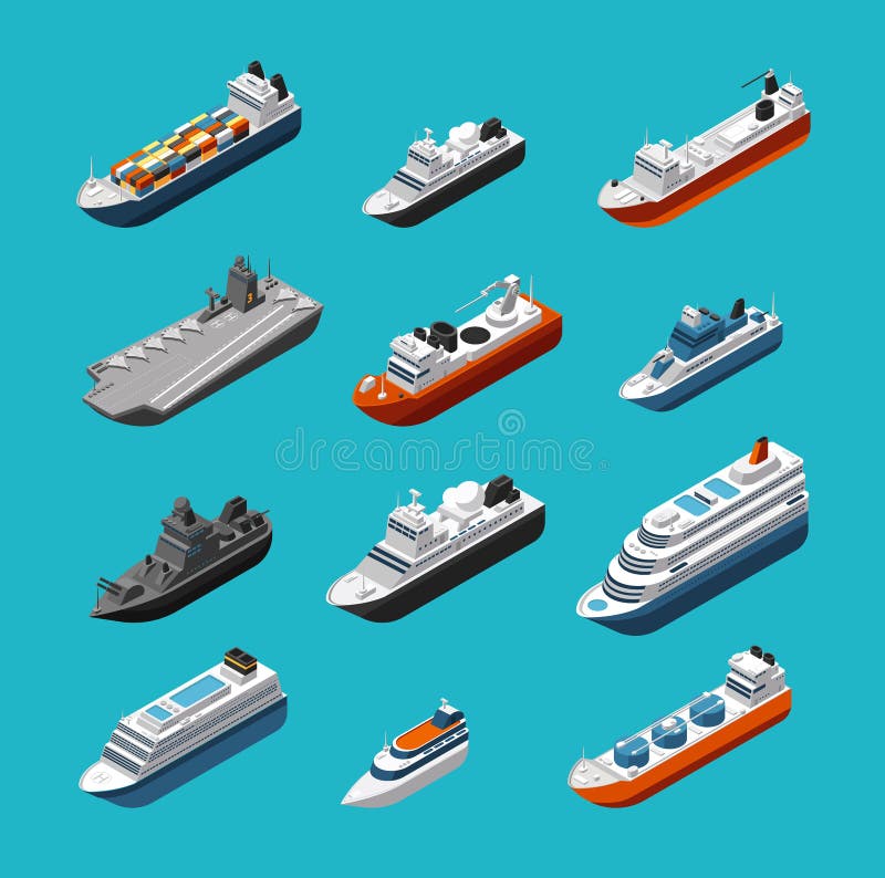 Isolerade isometriska symboler för passagerare och för vektortrans. för lastfartyg, för segelbåtar, för yachter och för skyttlar stock illustrationer Isolerade isometriska symboler för passagerare och för vektortrans. för lastfartyg, för segelbåtar, för yachter och för skyttlar stock illustrationer
