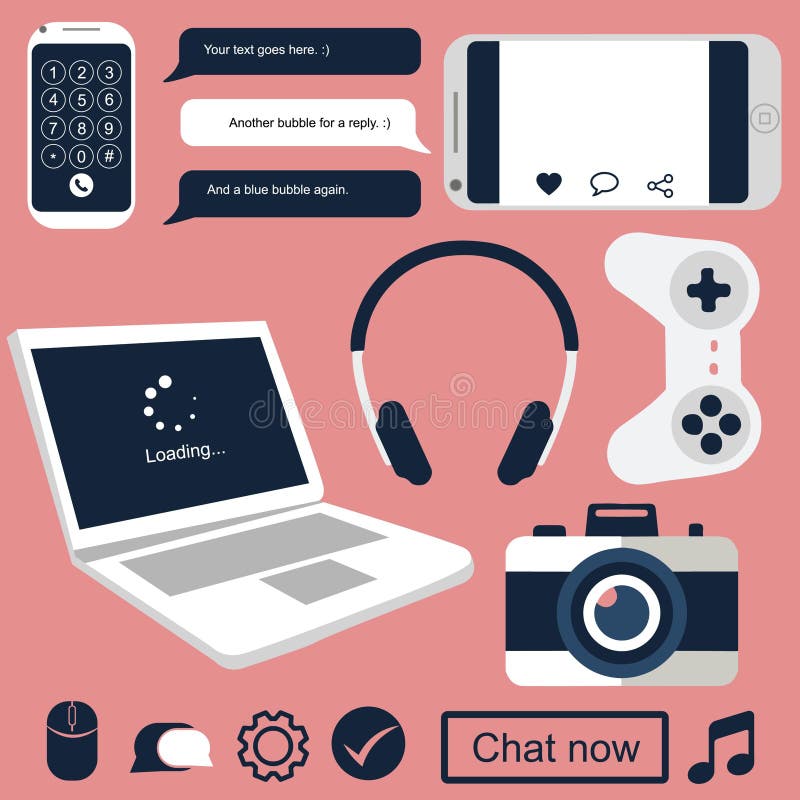 Isolerade teknikrelaterade gadgets för kommunikation, sociala medier och hobbyer Flata illustrationer av moderna element och ikon stock illustrationer Isolerade teknikrelaterade gadgets för kommunikation, sociala medier och hobbyer Flata illustrationer av moderna element och ikon stock illustrationer