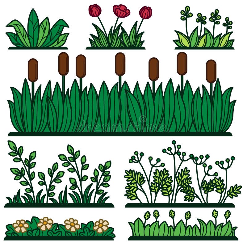 Isolerade växter för blomma för grönt gräs för grönska och den dekorativa grönskavektorlägenheten symboler stock illustrationer Isolerade växter för blomma för grönt gräs för grönska och den dekorativa grönskavektorlägenheten symboler stock illustrationer