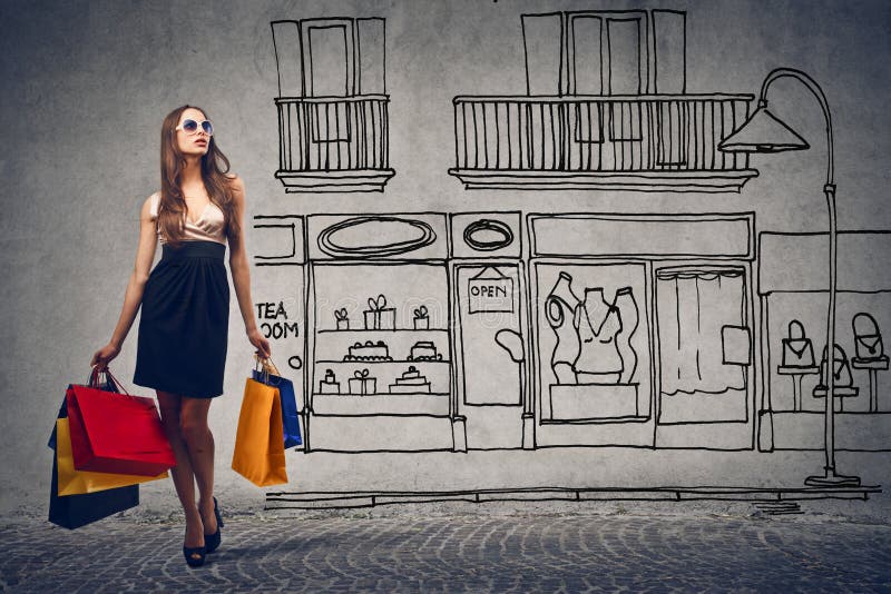 Woman by city illustrated with shopping bags. Woman by city illustrated with shopping bags