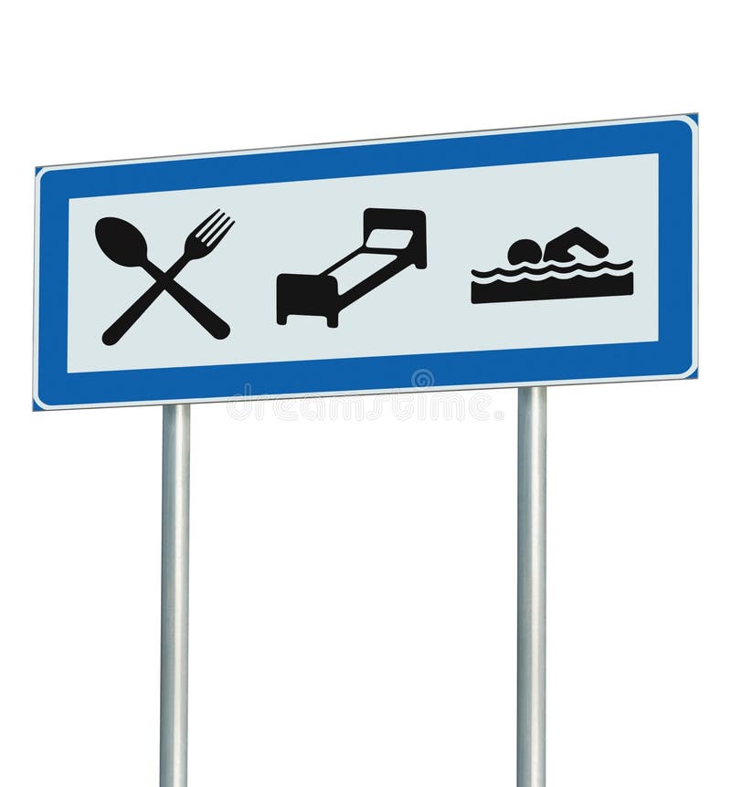 Isolerat parkeringsplatsvägmärke, restaurang, hotellmotell, simbassängsymboler, vägrenSignagePole stolpe, blått, svart, vit royaltyfri illustrationer Isolerat parkeringsplatsvägmärke, restaurang, hotellmotell, simbassängsymboler, vägrenSignagePole stolpe, blått, svart, vit royaltyfri illustrationer