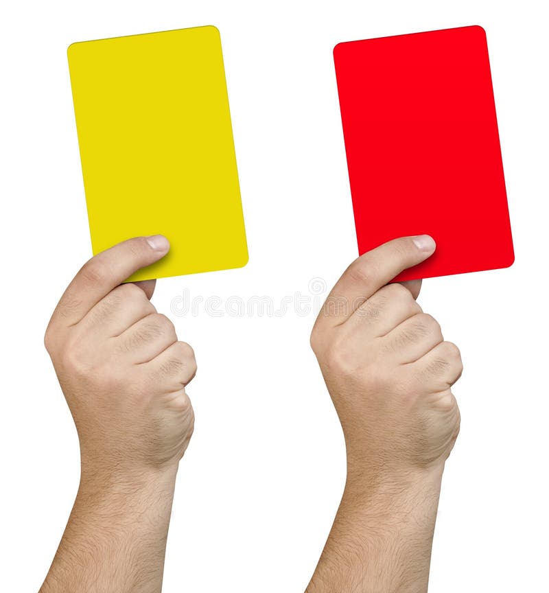 Collection of hand holding and showing yellow and red card isolated on white background. Collection of hand holding and showing yellow and red card isolated on white background