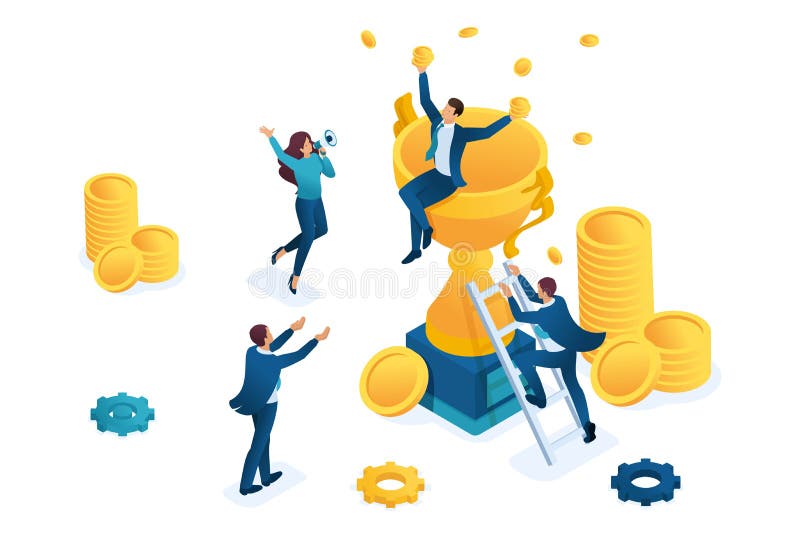 Isometrique Le Succes Du Travail D Equipe La Joie Du Patron Et Employes Le Gagnant Concept Pour Le Web Design Illustration De Vecteur Illustration Du Amorce Masculin