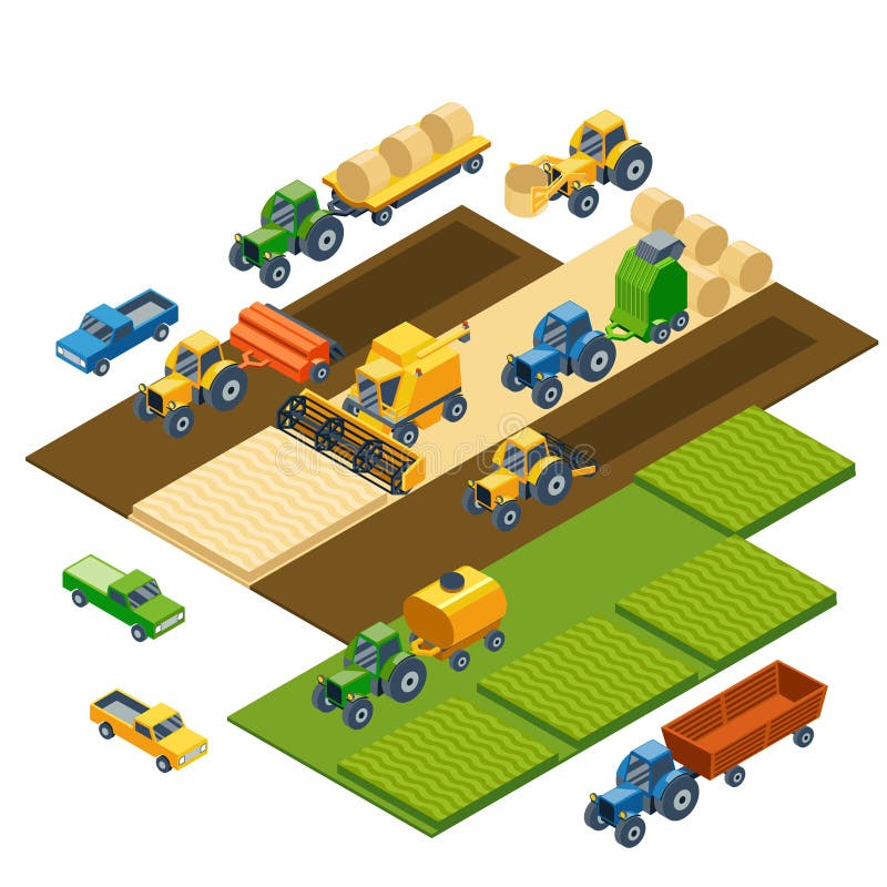 Isometric agricultural equipment, farm tractors