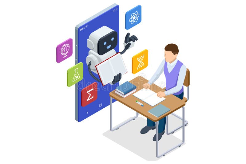 Isometric AI robot teaching male student through digital screen. Concept of online education, eLearning and artificial royalty free illustration