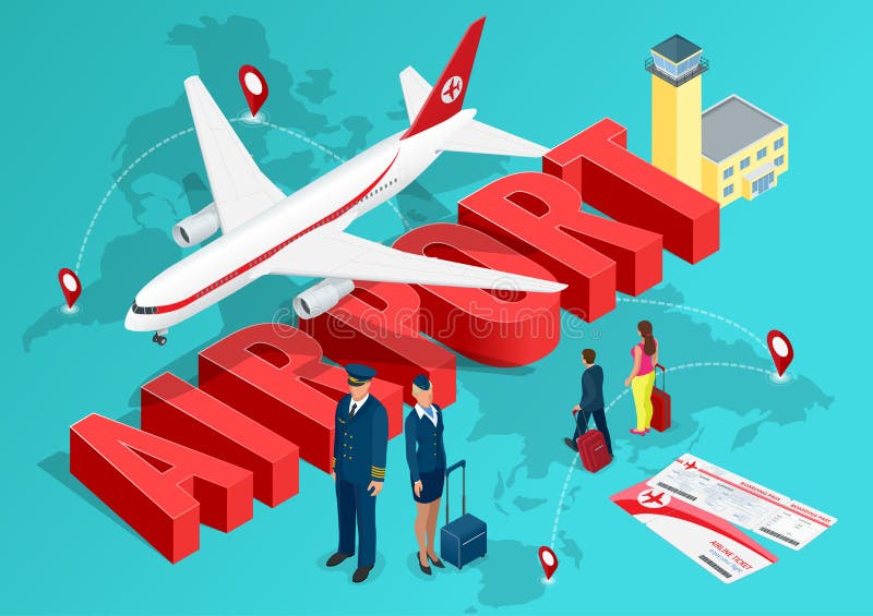 Isometric Airport Travel concept. The passenger plane on the background of the map of the world and the text of the stock illustration Isometric Airport Travel concept. The passenger plane on the background of the map of the world and the text of the stock illustration