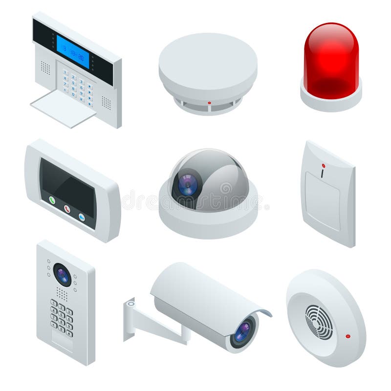 Isometric alarm system home. Home security. Security alarm keypad with person arming the system. Access, Alarm zones