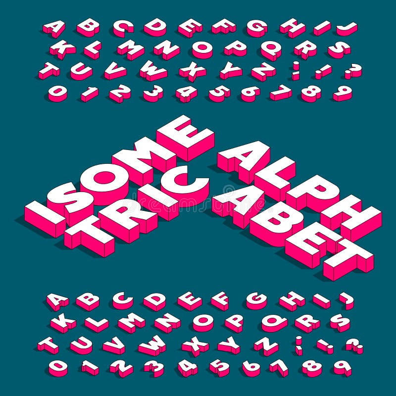 Isometric alphabet font. Three-dimensional effect bold letters and numbers with drop shadow.