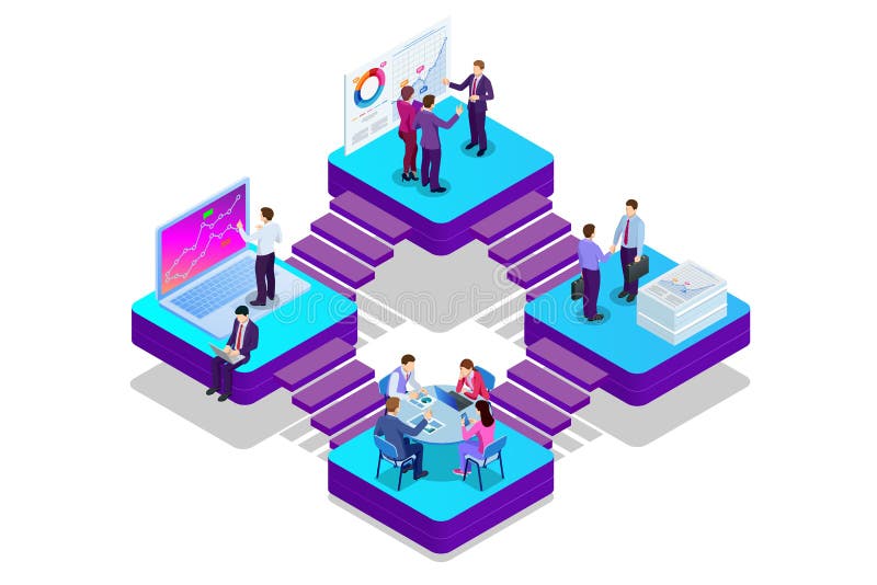 Isometric Analysis data and Investment. Project management, business communication, workflow and consulting. Website and vector illustration