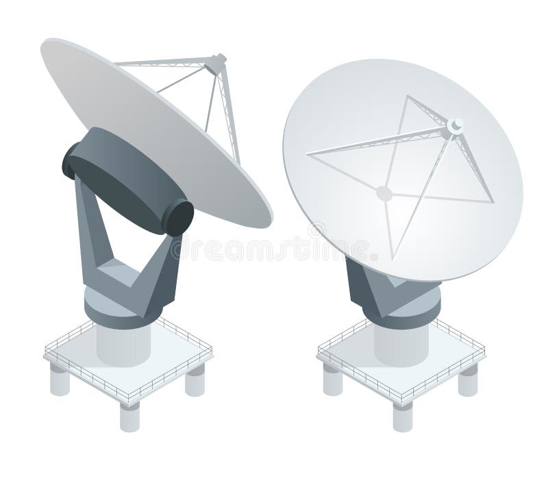 Isometric anten satelitarnych anteny na bielu Bezprzewodowi komunikacyjni equipments ilustracja wektor