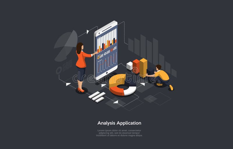 Isometric application of smartphone with business graph and analytics data. vector illustration