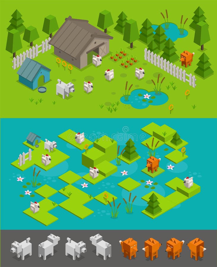 Isometric arcade game level set. Fox thief steals chickens on the farm dog protects. Different character elements stock illustration