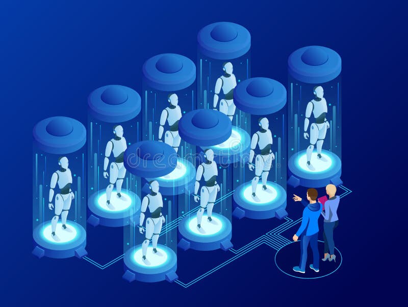 Isometric artificial intelligence in robots. Technology and engineering. Scientists engineer designs brain, settings royalty free illustration Isometric artificial intelligence in robots. Technology and engineering. Scientists engineer designs brain, settings royalty free illustration
