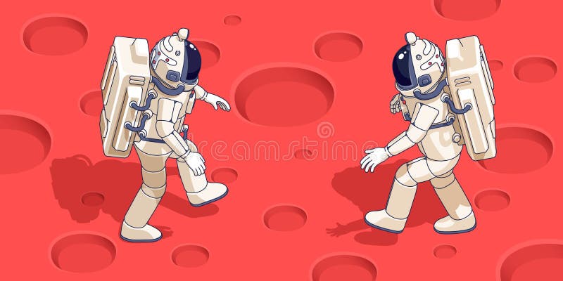Isometric Astronaut on planet surface. Spaceman in spacesuit walking on Mars royalty free illustration