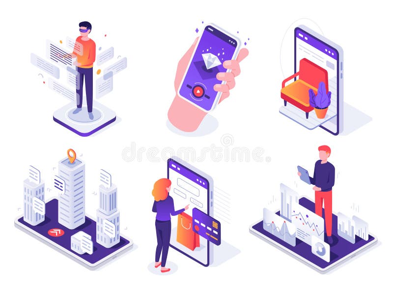 Isometric augmented reality smartphone. Mobile AR platform, virtual game and smartphones 3d navigation vector concept vector illustration