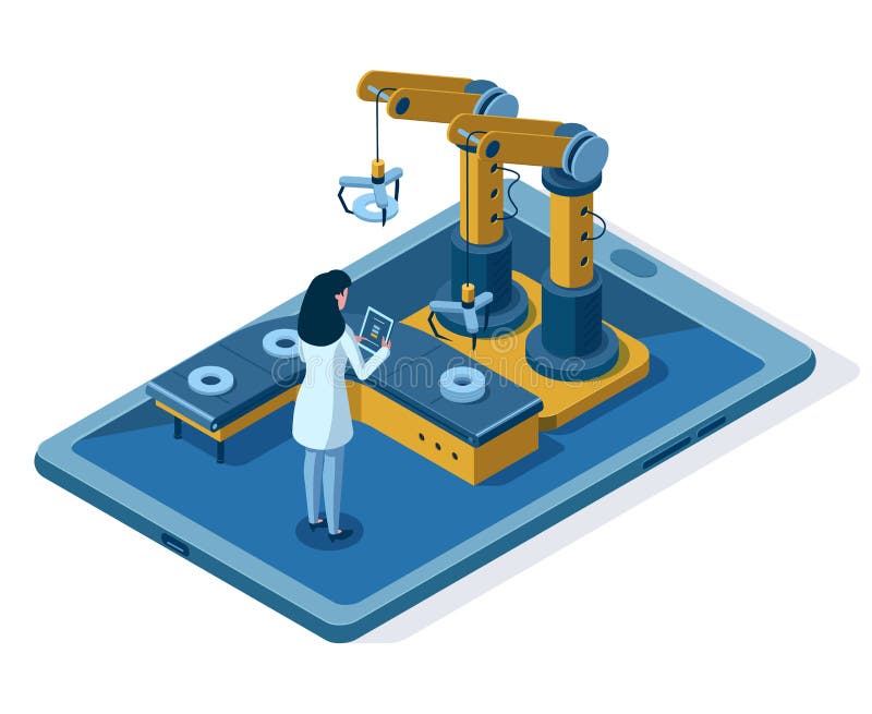 Isometric automated robotic arm engineering management. Automated robotic assembly line, engineer control mechanical stock illustration