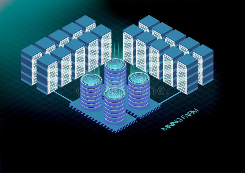 Isometric banner with bitcoin mining farm, cryptocurrency mining concept, financial isometric 3d vector. Ethereum Blockchain isome royalty free illustration Isometric banner with bitcoin mining farm, cryptocurrency mining concept, financial isometric 3d vector. Ethereum Blockchain isome royalty free illustration