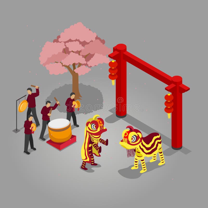 Chinese New Year celebration with Barongsai and Chinese instrument infront of gate and cherry tree. Chinese New Year celebration with Barongsai and Chinese instrument infront of gate and cherry tree