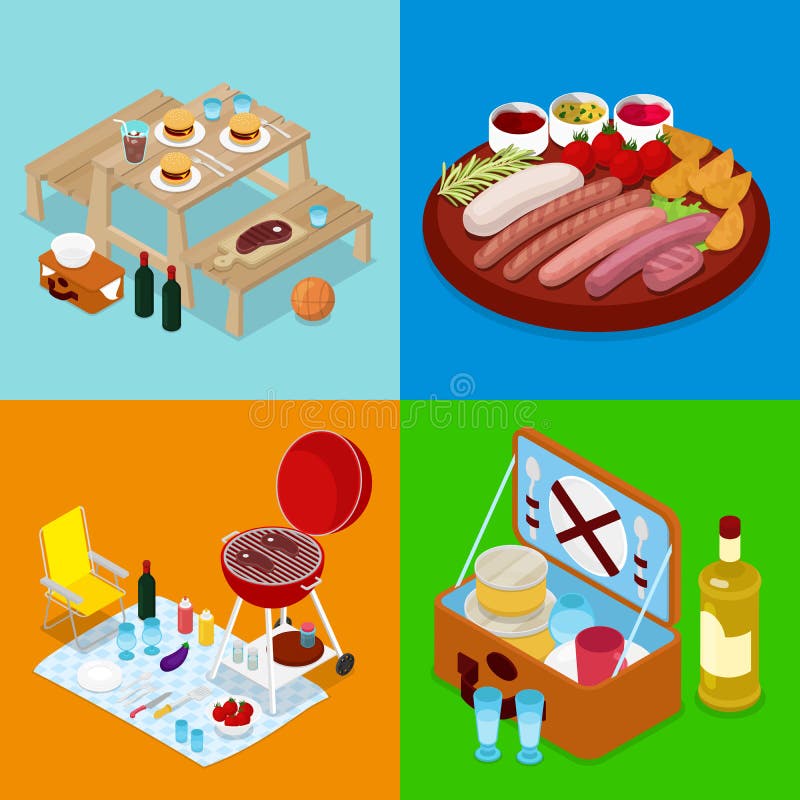 Isometric BBQ τρόφιμα πικ-νίκ Στρατόπεδο καλοκαιρινών διακοπών Ψημένα στη σχάρα κρέας, κρασί και λαχανικά διανυσματική απεικόνιση