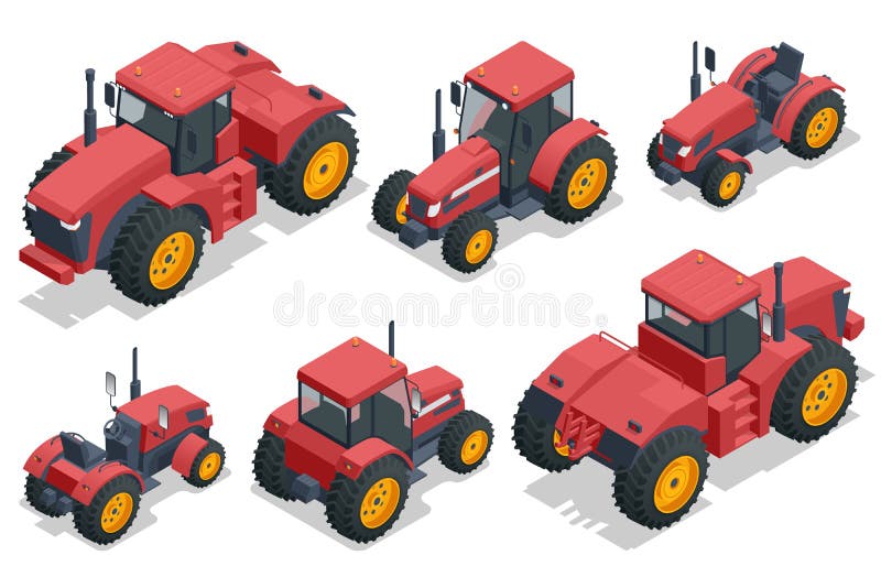 Isometric big agricultural tractor isolated on white, front and rear view. Used for pulling, pushing agricultural