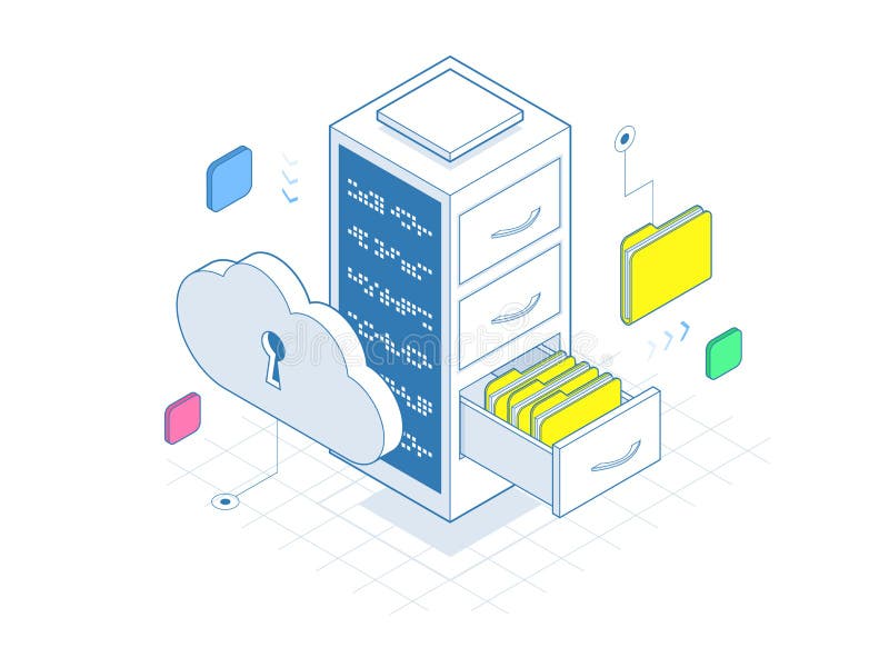 Isometric big data storage and cloud computing computer service on lines. Modern web network and internet stock illustration