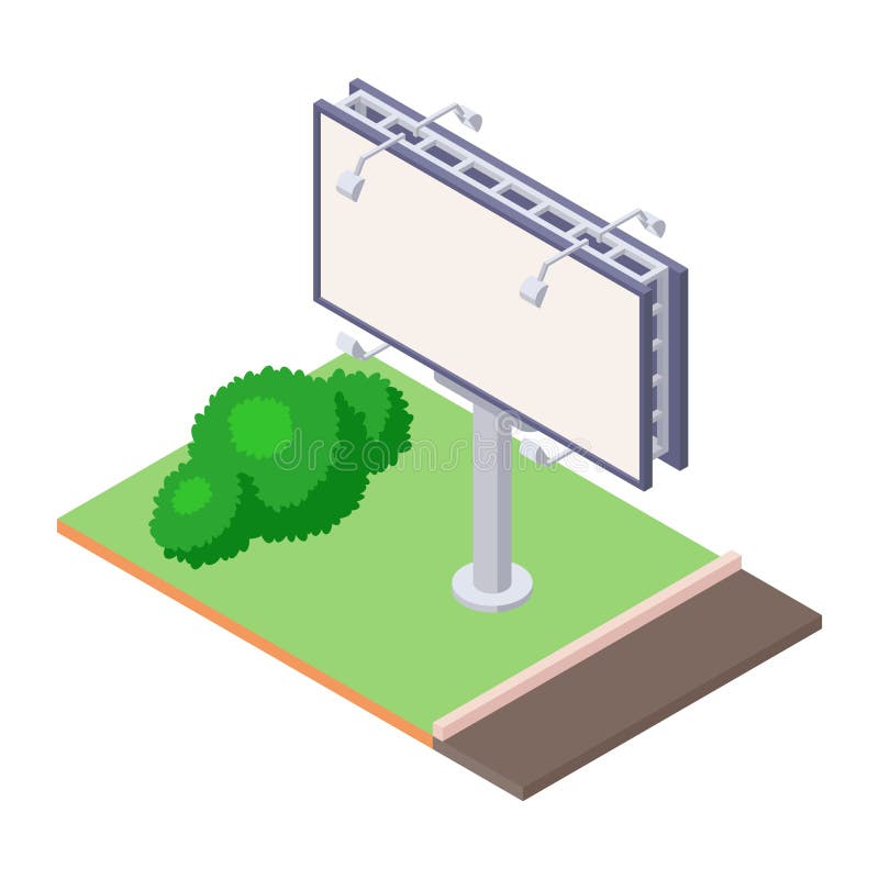 Isometric billboard on green ground near road for outdoor advertising. Blank bulletin billing banner with lamps for ooh. Big city billboard for business vector illustration Isometric billboard on green ground near road for outdoor advertising. Blank bulletin billing banner with lamps for ooh. Big city billboard for business vector illustration