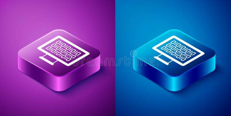 Isometric Binary code icon isolated on blue and purple background. Square button. Vector.