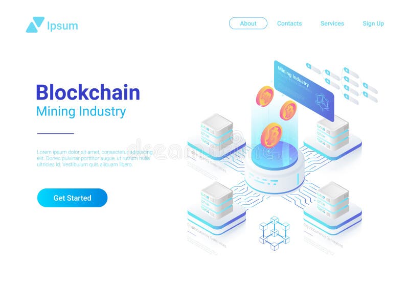 Isometric Bitcoin Miners vector. Mining Industry C. Isometric Bitcoin Miners Computers website vector design. Mining Industry Cryptocurrency illustration concept