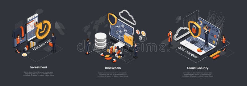 Isometric Blockchain, Cloud Security And Investments Concept. People Provide Protection Of Data, Safe Of Investments vector illustration