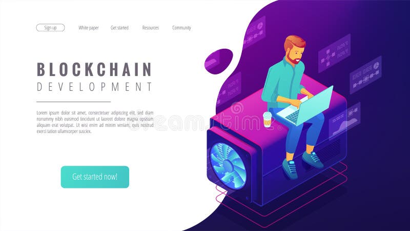 Isometric blockchain development concept. Isometric blockchain development landing page concept. Blockchain developer with laptop, coding, global cryptocurrency illustration on ultraviolet background. Vector 3d isometric illustration
